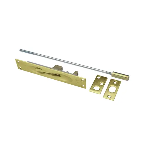 Satin Brass Flush Bolt, Lever Extension, Brass Material, 12" Rod Length, 1" X 6-3/4" Faceplate, Satin Brass Finish Satin Brass Flush Bolt, Lever Extension, Brass Material, 12" Rod Length, 1" X 6-3/4" Faceplate, Satin Brass Finish