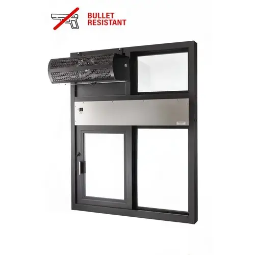 Side Sliding Transaction Window With Optional Air Curtain 47 1/2" W x 55 1/2" H Size Left Hand Slide Dark Bronze Anodized Finish Side Sliding Transaction Window With Optional Air Curtain 47 1/2" W x 55 1/2" H Size Left Hand Slide Dark Bronze Anodized Finish