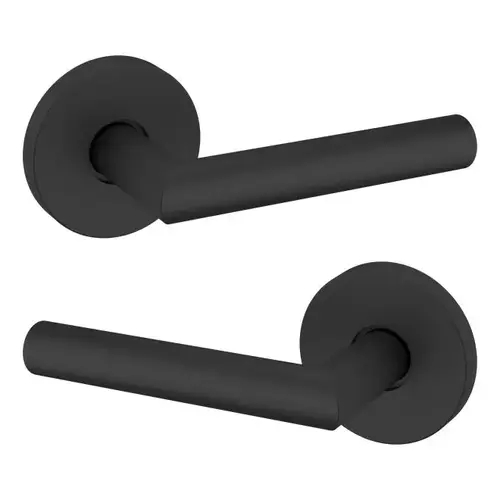 Preconfigured 5173 Lever with 5046 Rose Passage Lock with 2-3/8" Backset and Full Lip Strike Satin Black Finish Preconfigured 5173 Lever with 5046 Rose Passage Lock with 2-3/8" Backset and Full Lip Strike Satin Black Finish