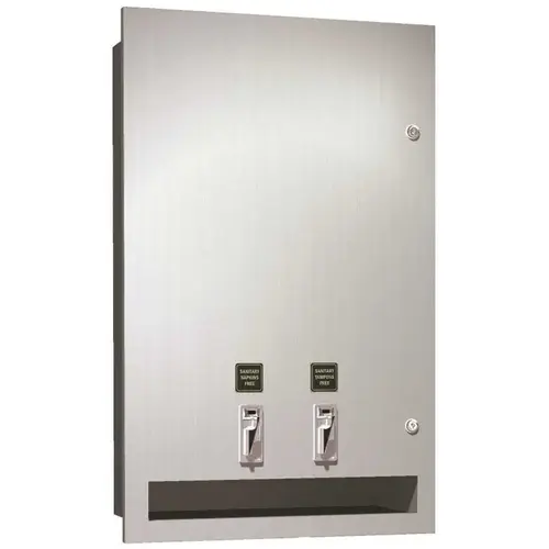 American Specialties Recessed Dual (15) Napkin/(23) Tampon Vendor Dispenser 25c Operation in Stainless Steel Satin American Specialties Recessed Dual (15) Napkin/(23) Tampon Vendor Dispenser 25c Operation in Stainless Steel Satin
