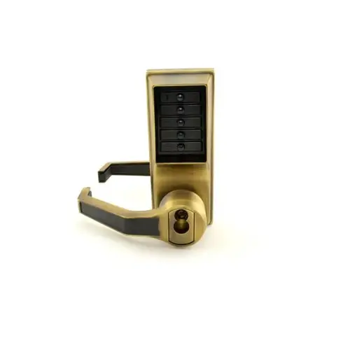 Left Hand Mechanical Pushbutton Lever Lock with Key Override, Schlage Prep and 2-3/4" Backset Antique Brass Finish Left Hand Mechanical Pushbutton Lever Lock with Key Override, Schlage Prep and 2-3/4" Backset Antique Brass Finish