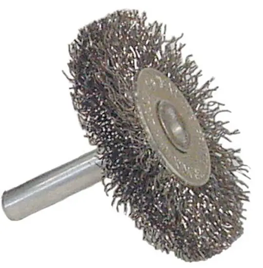 Weiler Carbon Steel Wheel Brush 0.008 Bristle Diameter - Shank Attachment - 3 Outside Diameter - Package Type: Display 36059 Weiler Carbon Steel Wheel Brush 0.008 Bristle Diameter - Shank Attachment - 3 Outside Diameter - Package Type: Display 36059