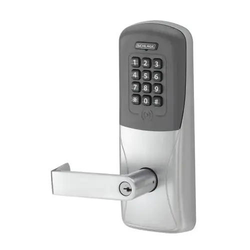 Standalone Electronic Lock with Rights on Lock Mortise Exit Trim Classroom / Storeroom Proximity and Keypad Rhodes Lever Satin Chrome Finish Standalone Electronic Lock with Rights on Lock Mortise Exit Trim Classroom / Storeroom Proximity and Keypad Rhodes Lever Satin Chrome Finish