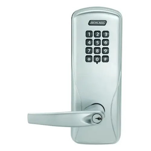 Standalone Keypad Programmable Electronic Lock Cylindrical Office Keypad Athens Lever with 13247 Latch and 10025 Stike with C Keyway Satin Chrome Finish