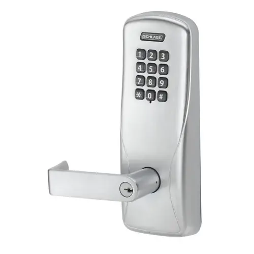 Standalone Keypad Programmable Electronic Lock Cylindrical Classroom / Storeroom Keypad Rhodes Lever with 13247 Latch and 10025 Stike with C Keyway Satin Chrome Finish
