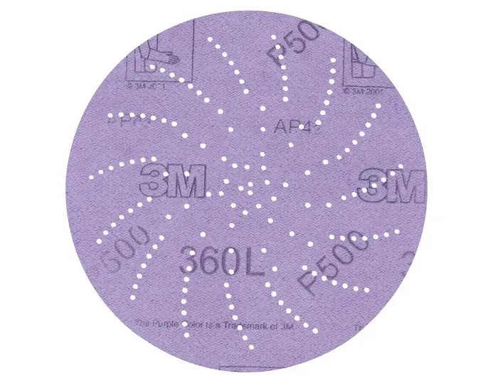 3M 360L Coated Aluminum Oxide Purple Hook & Loop Disc - Film Backing - 3 mil Weight - P600 Grit - Extra Fine - 5 Diameter - pa 60440139149-XCP100 3M 360L Coated Aluminum Oxide Purple Hook & Loop Disc - Film Backing - 3 mil Weight - P600 Grit - Extra Fine - 5 Diameter - pa 60440139149-XCP100