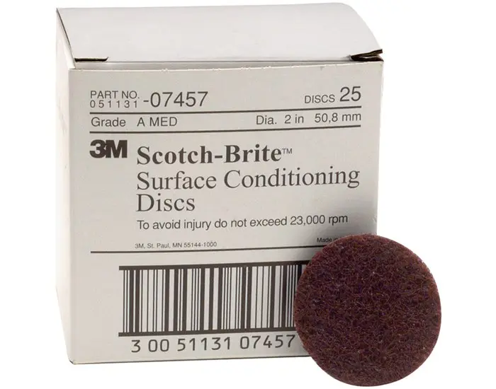 Scotch-Brite SC-DH Series No-Hole Surface Conditioning Disc 2 in Medium Grade Aluminum Oxide Maroon 07457 Scotch-Brite SC-DH Series No-Hole Surface Conditioning Disc 2 in Medium Grade Aluminum Oxide Maroon 07457