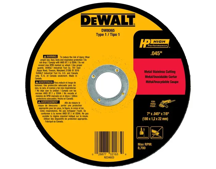 DEWALT Aluminum Oxide Cutoff Wheel - Type 1 (Straight) - 7 Diameter - 7/8 Center Hole -.045 Thickness DW8065 DEWALT Aluminum Oxide Cutoff Wheel - Type 1 (Straight) - 7 Diameter - 7/8 Center Hole -.045 Thickness DW8065