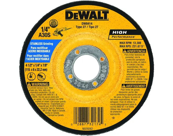 DEWALT Aluminum Oxide Cutting Wheel - Type 27 (Depressed Center) - 4 1/2 Diameter - 7/8 Center Hole - 1/4 Thickness DW8414 DEWALT Aluminum Oxide Cutting Wheel - Type 27 (Depressed Center) - 4 1/2 Diameter - 7/8 Center Hole - 1/4 Thickness DW8414