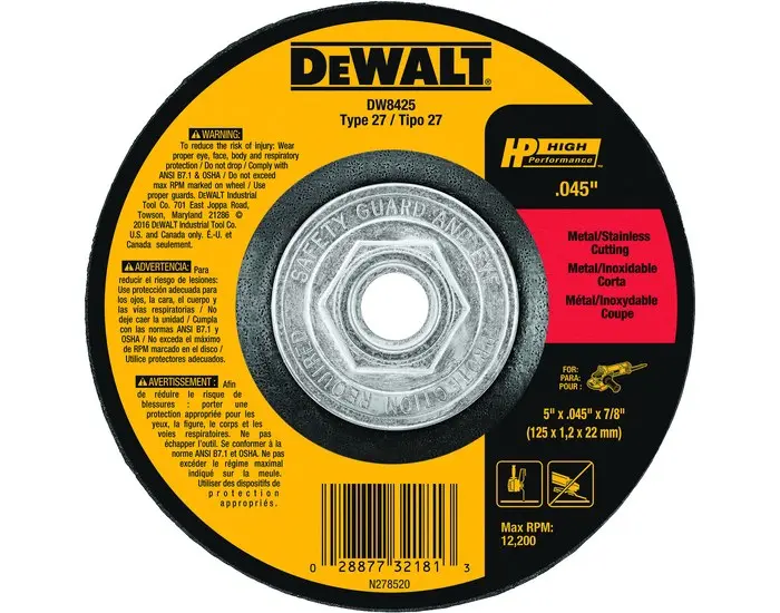 DEWALT Aluminum Oxide Cutoff Wheel - Type 27 (Depressed Center) - 5 Diameter - 7/8 Center Hole -.045 Thickness DW8425 DEWALT Aluminum Oxide Cutoff Wheel - Type 27 (Depressed Center) - 5 Diameter - 7/8 Center Hole -.045 Thickness DW8425