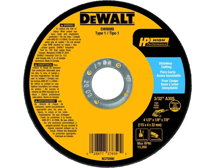 DEWALT Aluminum Oxide Cutoff Wheel - Type 1 (Straight) - 4 1/2 Diameter - 7/8 Center Hole - 1/8 Thickness DW8080 DEWALT Aluminum Oxide Cutoff Wheel - Type 1 (Straight) - 4 1/2 Diameter - 7/8 Center Hole - 1/8 Thickness DW8080