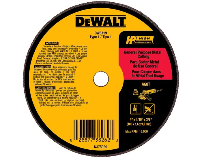 DEWALT Aluminum Oxide Cutting Wheel - Type 1 (Straight) - 4 Diameter - 3/8 Center Hole - 1/8 Thickness DW8718