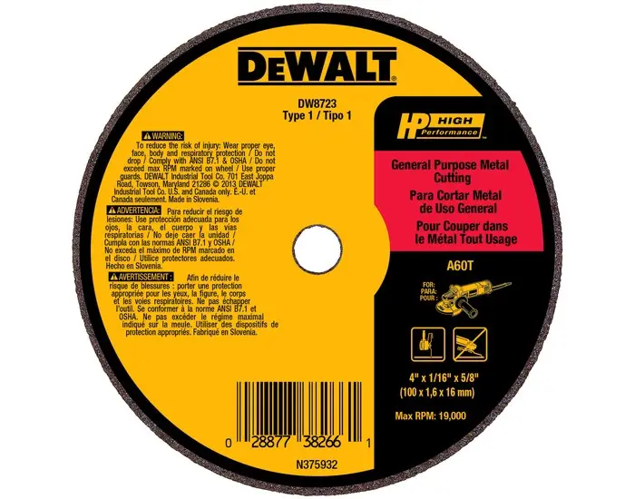 DEWALT Aluminum Oxide Cutting Wheel - Type 1 (Straight) - 4 Diameter - 5/8 Center Hole - 1/16 Thickness DW8723 DEWALT Aluminum Oxide Cutting Wheel - Type 1 (Straight) - 4 Diameter - 5/8 Center Hole - 1/16 Thickness DW8723