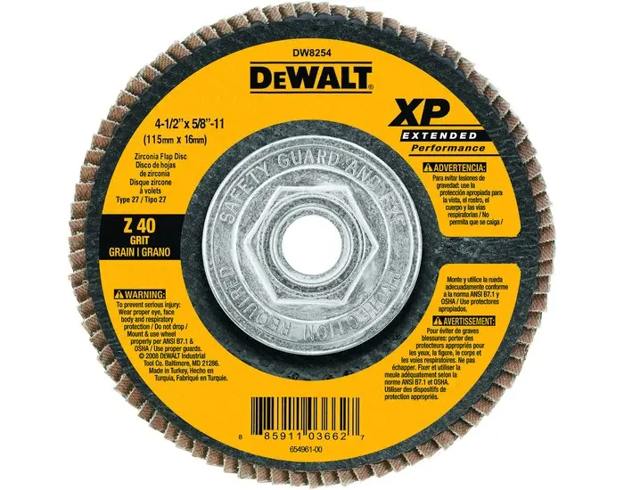DEWALT Type 27 Zirconium Flap Disc - 40 Grit - 4 1/2 Diameter - pack of 5 DW8254-XCP5 DEWALT Type 27 Zirconium Flap Disc - 40 Grit - 4 1/2 Diameter - pack of 5 DW8254-XCP5