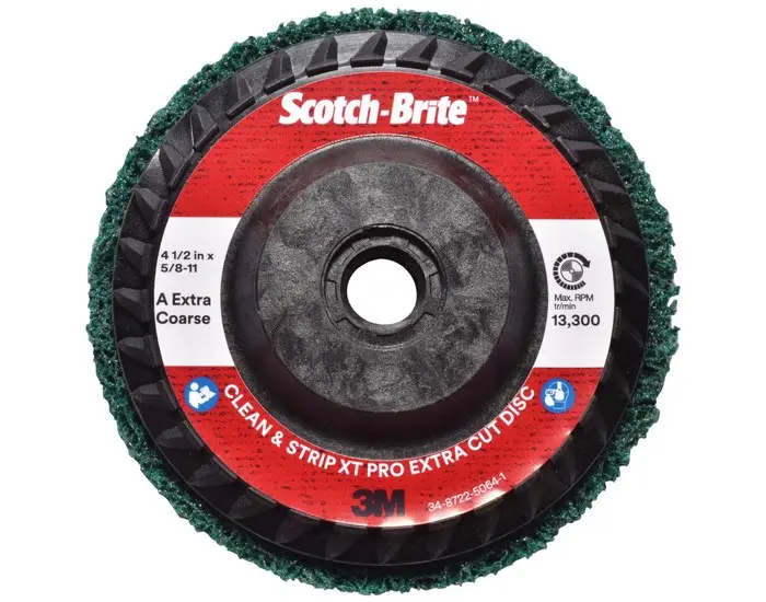 Scotch-Brite XT Pro Series Clean and Strip Extra Cut Disc 4-1/2 in Dia Extra Coarse Grade 13300 rpm Green 21050 Scotch-Brite XT Pro Series Clean and Strip Extra Cut Disc 4-1/2 in Dia Extra Coarse Grade 13300 rpm Green 21050