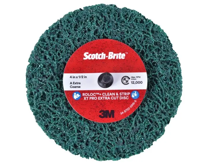 Scotch-Brite XC-DR+ Series Clean and Strip Disc 4 in Dia Extra Coarse Grade 12000 rpm Green 21555 Scotch-Brite XC-DR+ Series Clean and Strip Disc 4 in Dia Extra Coarse Grade 12000 rpm Green 21555