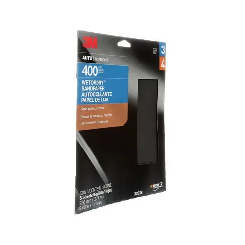Sandpaper, 9 in W x 11 in L, 400 Grit, Aluminum Oxide Abrasive, Black, Wet/Dry