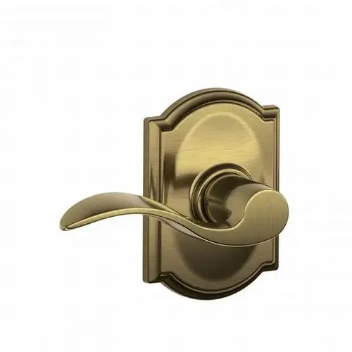 Accent Lever with Camelot Rose Passage Lock with 16080 Latch and 10027 Strike Antique Brass Finish Accent Lever with Camelot Rose Passage Lock with 16080 Latch and 10027 Strike Antique Brass Finish