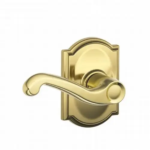 Flair Lever with Camelot Rose Passage Lock with 16080 Latch and 10027 Strike Bright Brass Finish Flair Lever with Camelot Rose Passage Lock with 16080 Latch and 10027 Strike Bright Brass Finish