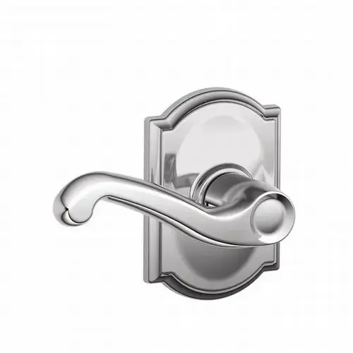 Flair Lever with Camelot Rose Passage Lock with 16080 Latch and 10027 Strike Bright Chrome Finish Flair Lever with Camelot Rose Passage Lock with 16080 Latch and 10027 Strike Bright Chrome Finish