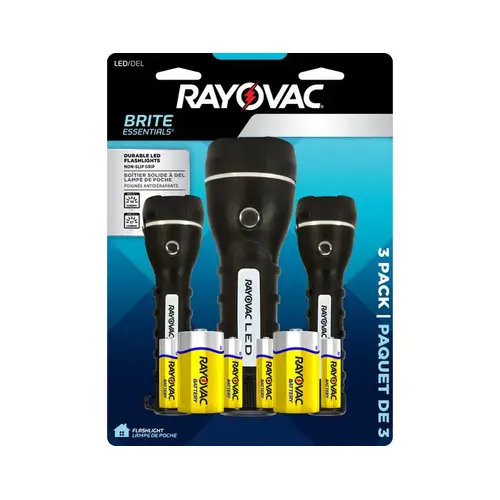 3 Pack Flashlight - 27 Lumens - (2) D, (2) AA Batteries Included Black