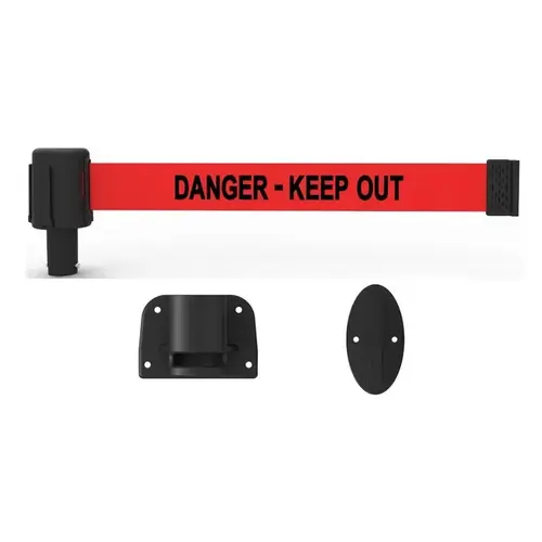 Wall-Mount Retractable Belt Barrier: Black & Red, 15 ft Belt Barrier Length Wall-Mount Retractable Belt Barrier: Black & Red, 15 ft Belt Barrier Length