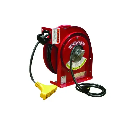 L Series Cord Reel - 45 ft Cable Included - Spring Drive - 15 Amps - 125V - Triple Tap Outlet - 12 AWG Red
