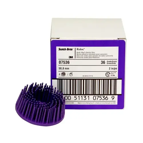 Body Man's Bristle Disc, 3 in Dia, 36 Grit, Very Coarse Grade, Ceramic Purple Body Man's Bristle Disc, 3 in Dia, 36 Grit, Very Coarse Grade, Ceramic Purple