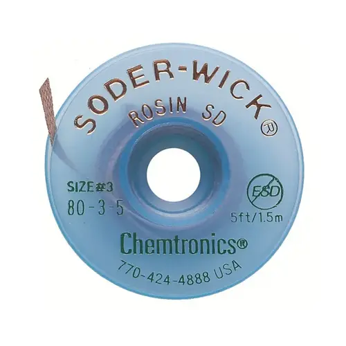 #3 Green Rosin Flux Coating Desoldering Braid - 5 ft Length - 0.08" Diameter - Rosin Flux Core