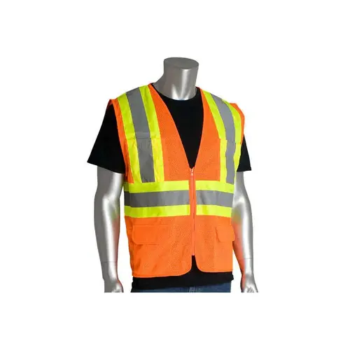 302-MVZPOR Orange Medium Polyester Mesh High-Visibility Vest - 6 Pockets - Fits 47.2" Chest - 28" Length