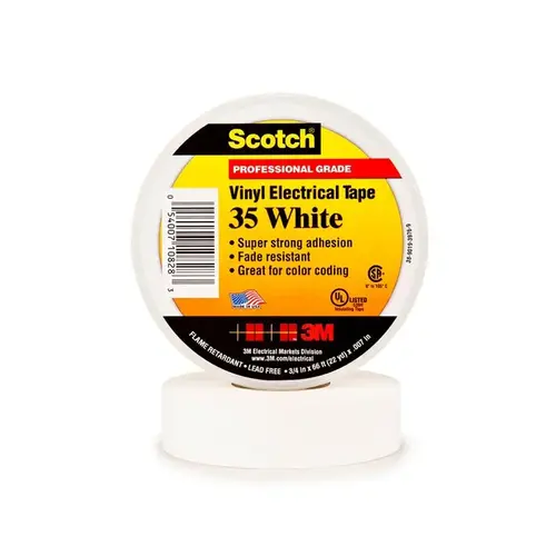 35 Series Premium Grade Color Coding Electrical Tape, 20 ft x 1/2 in, 7 mil THK, White 35 Series Premium Grade Color Coding Electrical Tape, 20 ft x 1/2 in, 7 mil THK, White