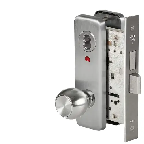 Grade 1 Entrance Mortise Lock, Visual Keyed Indicator, 4 Knob, J Escutcheon, SFIC Housing Less Core, Satin Chrome Finish, Field Reversible Satin Chrome Grade 1 Entrance Mortise Lock, Visual Keyed Indicator, 4 Knob, J Escutcheon, SFIC Housing Less Core, Satin Chrome Finish, Field Reversible Satin Chrome