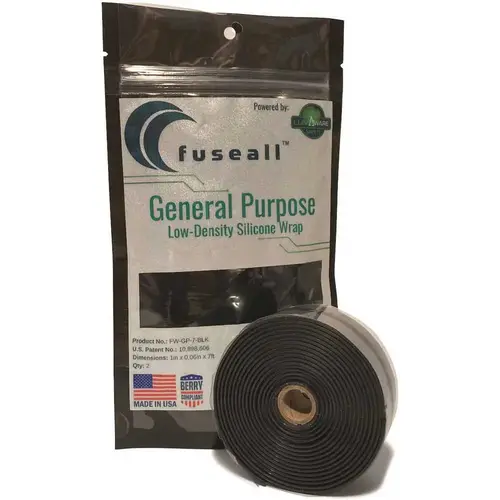 Fuseall Powered by LumAware Wrap Tape 1"x 7' Black General Purpose Self-Fusing Silicone Wrap, Stretch and Seal