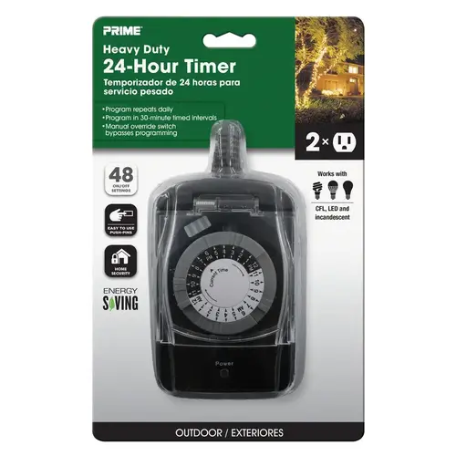 24 Hour Mechanical Timer With Two Grounded Outlets Outdoor 125 V Black Black