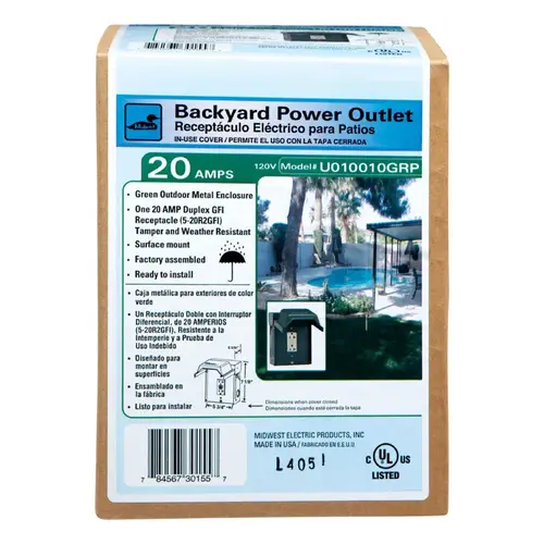 Outdoor Power Outlet, 120 V, 20 A, NEMA: NEMA 3R, Green