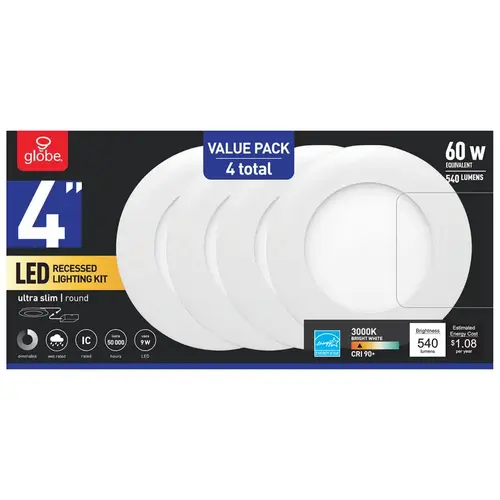 Recessed Lighting Kit Ultra Slim Energy Star White 4" W Aluminum LED 9 W White Recessed Lighting Kit Ultra Slim Energy Star White 4" W Aluminum LED 9 W White