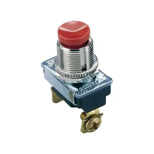 Pushbutton Switch, 3/1.5 A, 120/277 V, SPST, Screw Terminal, Plastic Housing Material, Chrome Pushbutton Switch, 3/1.5 A, 120/277 V, SPST, Screw Terminal, Plastic Housing Material, Chrome