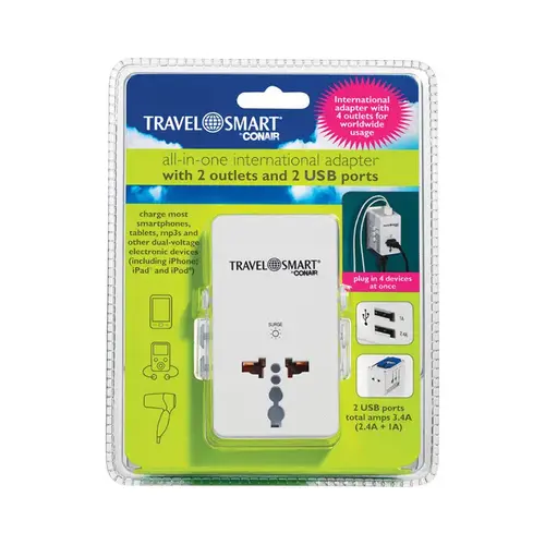 Adapter Plug w/USB Port Type A For Worldwide White Adapter Plug w/USB Port Type A For Worldwide White