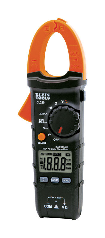 Klein Tools CL220 Auto Ranging Clamp Meter: CAT III & CAT IV, 1.61" Jaw, Clamp On Jaw Black/Orange