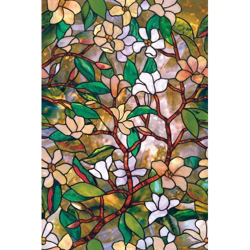 Window Film, 36 in L, 24 in W, Magnolia Pattern Multicolored