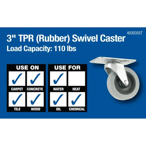 Caster 3" D Swivel Thermoplastic Rubber 110 lb Gray/Silver Caster 3" D Swivel Thermoplastic Rubber 110 lb Gray/Silver
